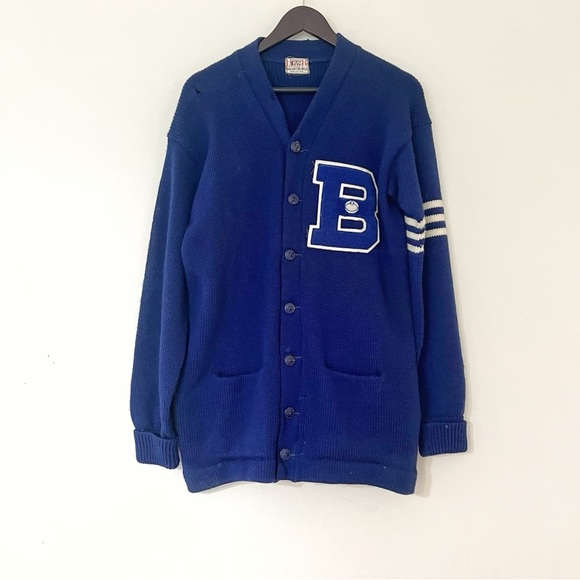 Vintage Other - Vintage 60s Honor Made Blue Varsity Letterman Knit Cardigan